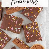 Pinterest pin for chocolate protein bars with text overlay "no-bake chocolate protein bars."