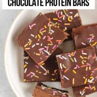 Pinterest pin for chocolate protein bars with text overlay "how to make chocolate protein bars."