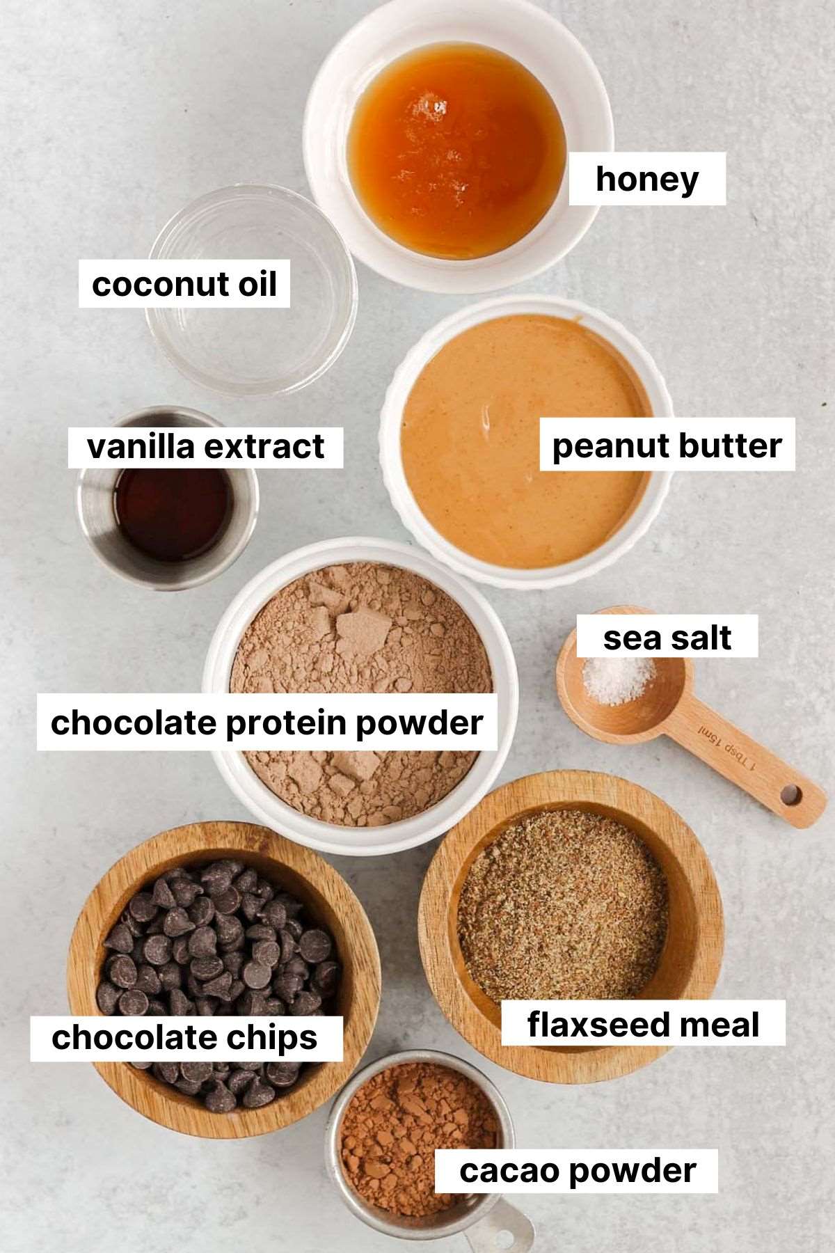 Labeled ingredients for chocolate protein bars.