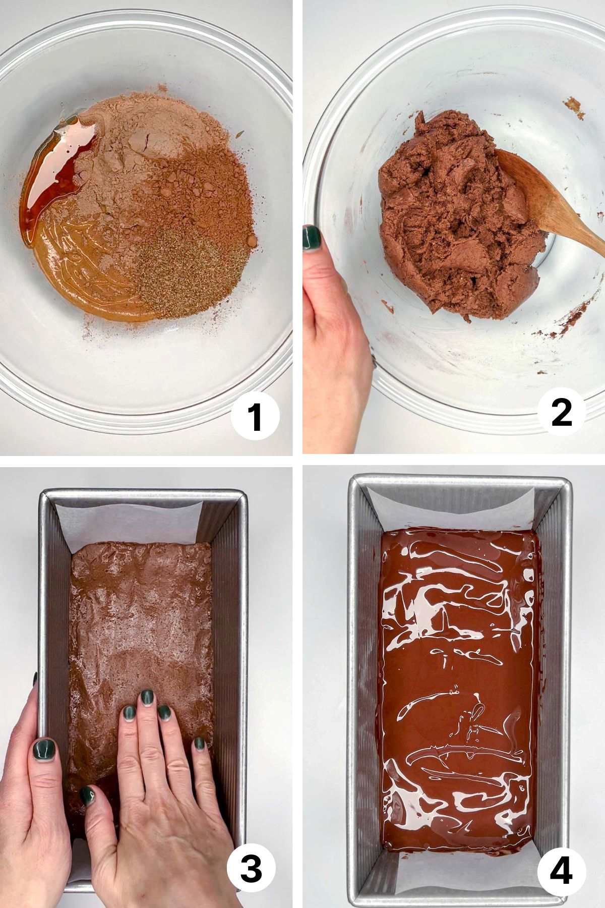 Quadrants showing process shots for making protein bar "dough," adding to loaf pan, and covering with chocolate.
