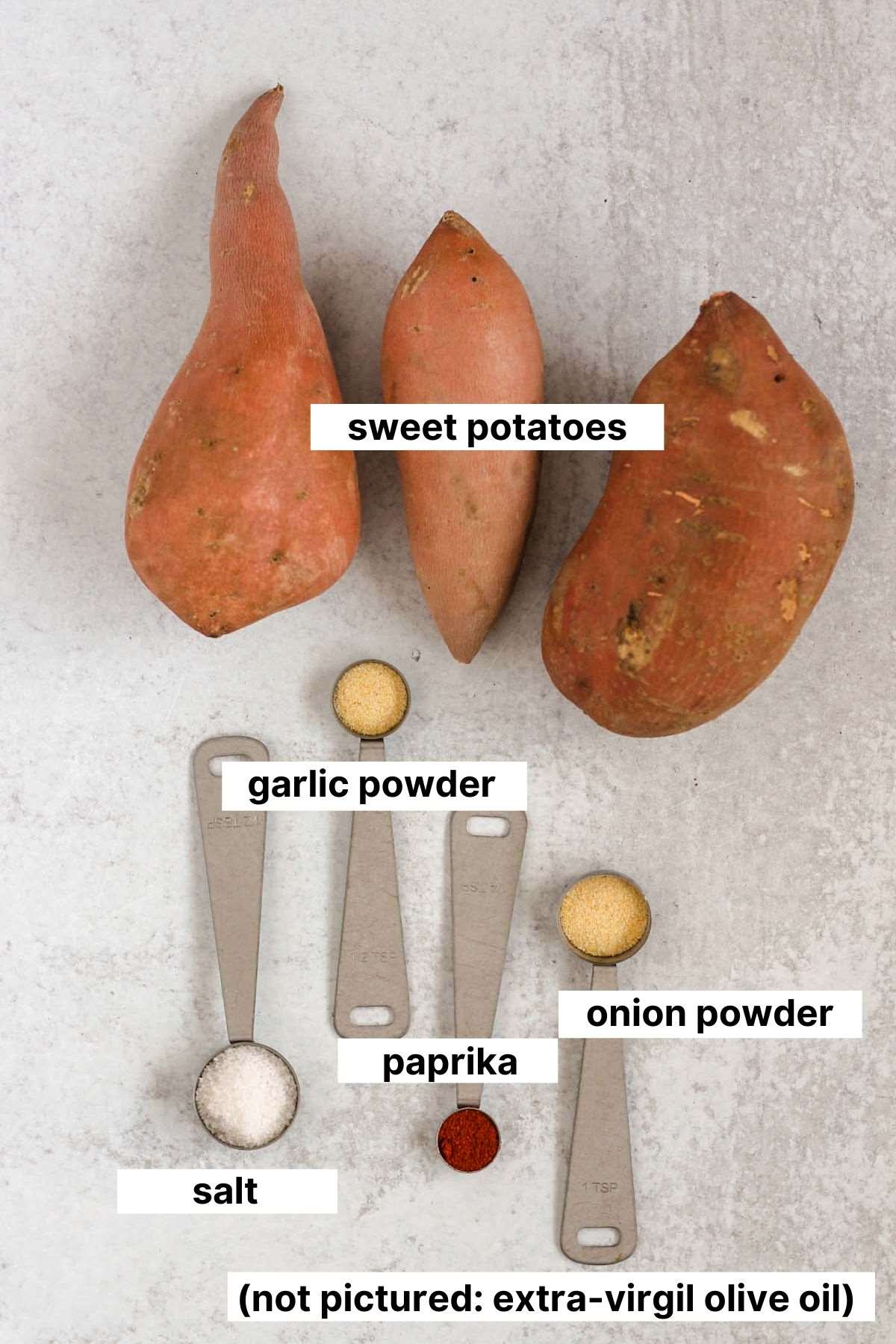 Labeled ingredients needed for air fryer sweet potato cubes.