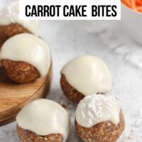 Carrot cake balls topped with glaze with text overlay "no-bake carrot cake bites."