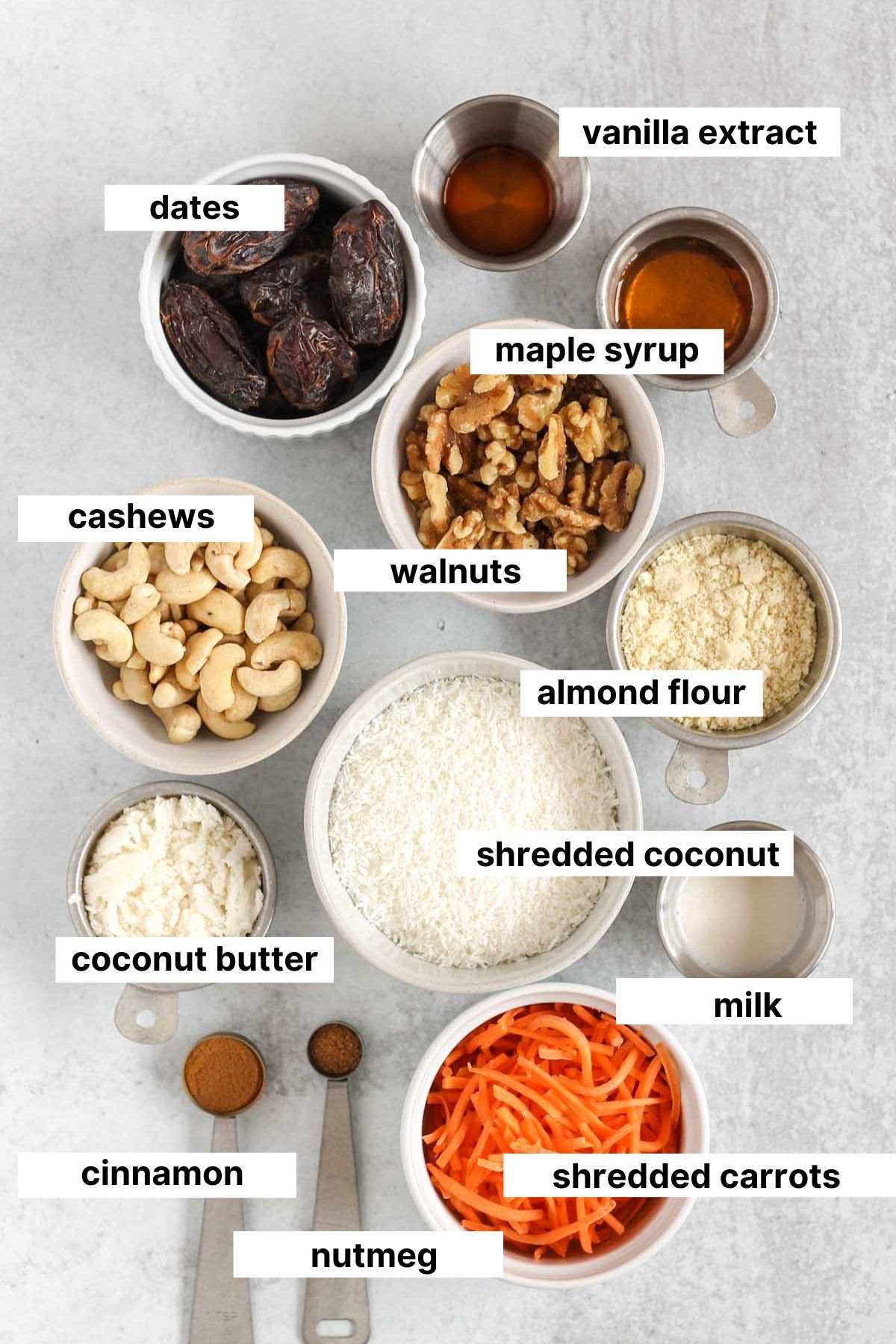 Labeled ingredients needed for no-bake carrot cake balls.