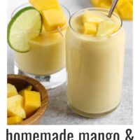 Pinterest pin for pineapple/mango smoothie: Two glasses filled with mango/pineapple smoothie topped with fresh fruit.