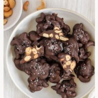 Pinterest pin for chocolate covered cashew clusters.