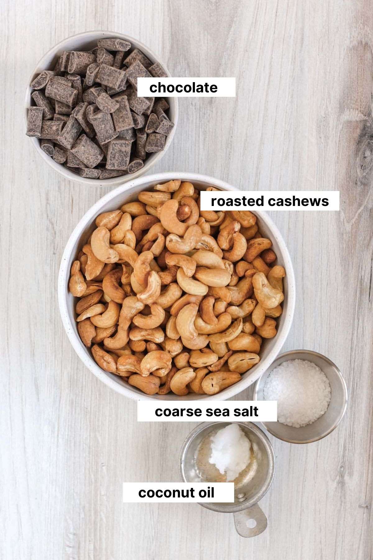 Labeled ingredients for chocolate covered cashews.