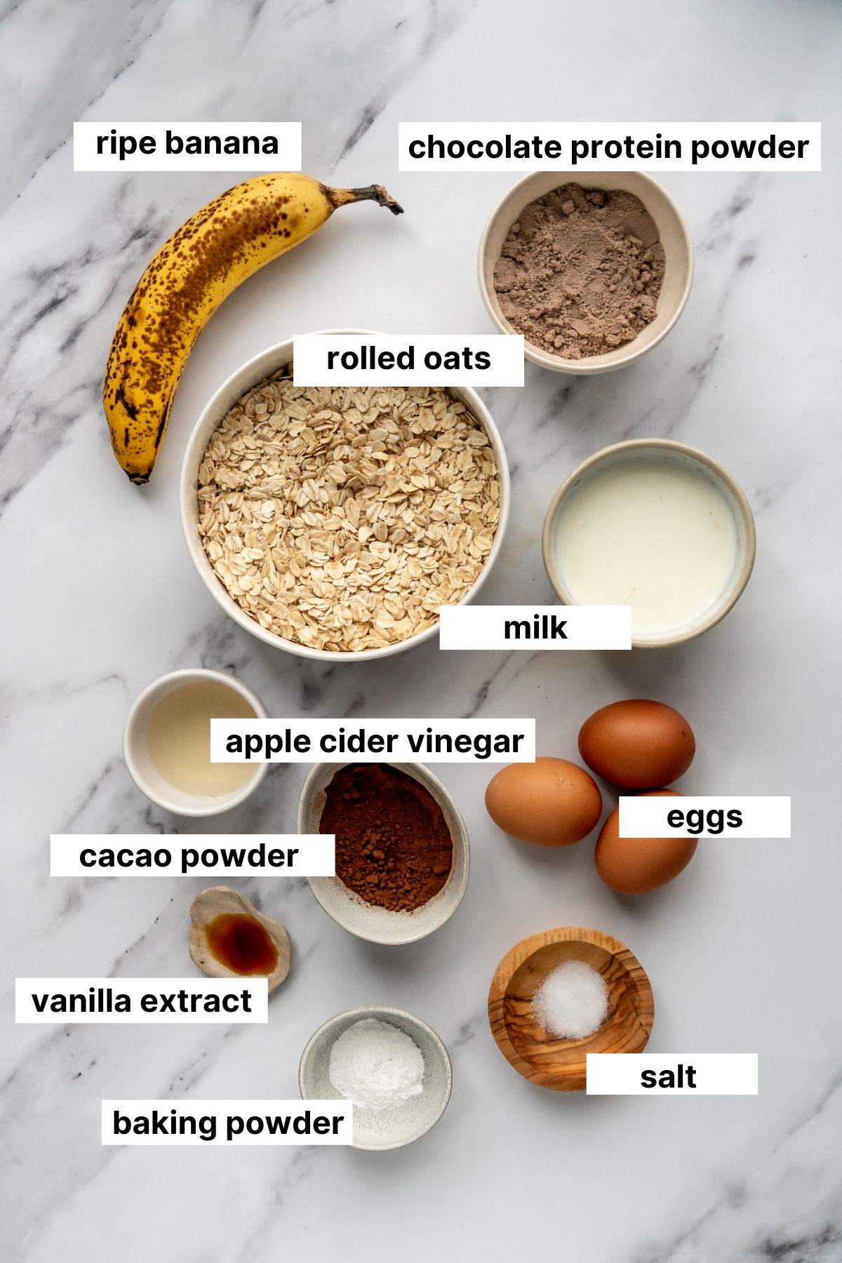 Labeled ingredients for chocolate protein pancakes.