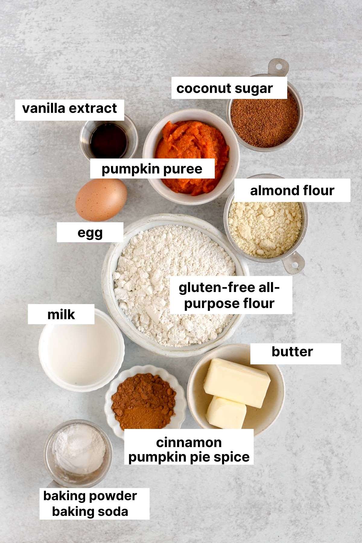 Labeled ingredients for gluten-free pumpkin scones.