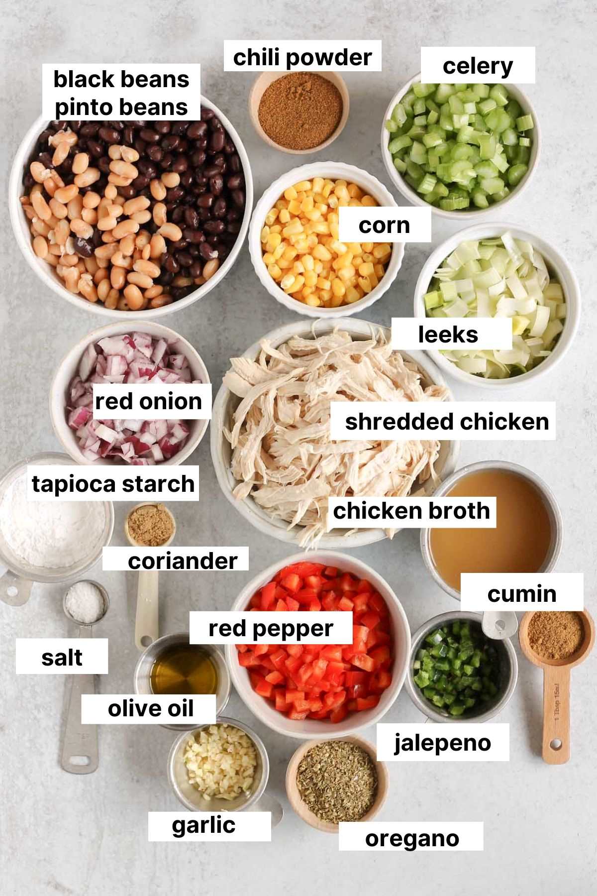 Labeled ingredients for southwest chicken chili.