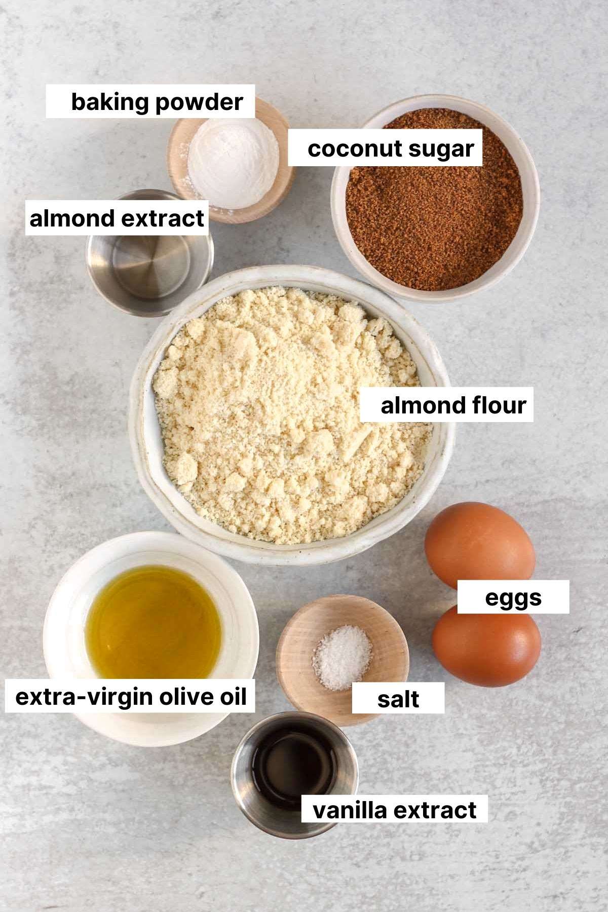 Labeled ingredients for almond flour biscotti.