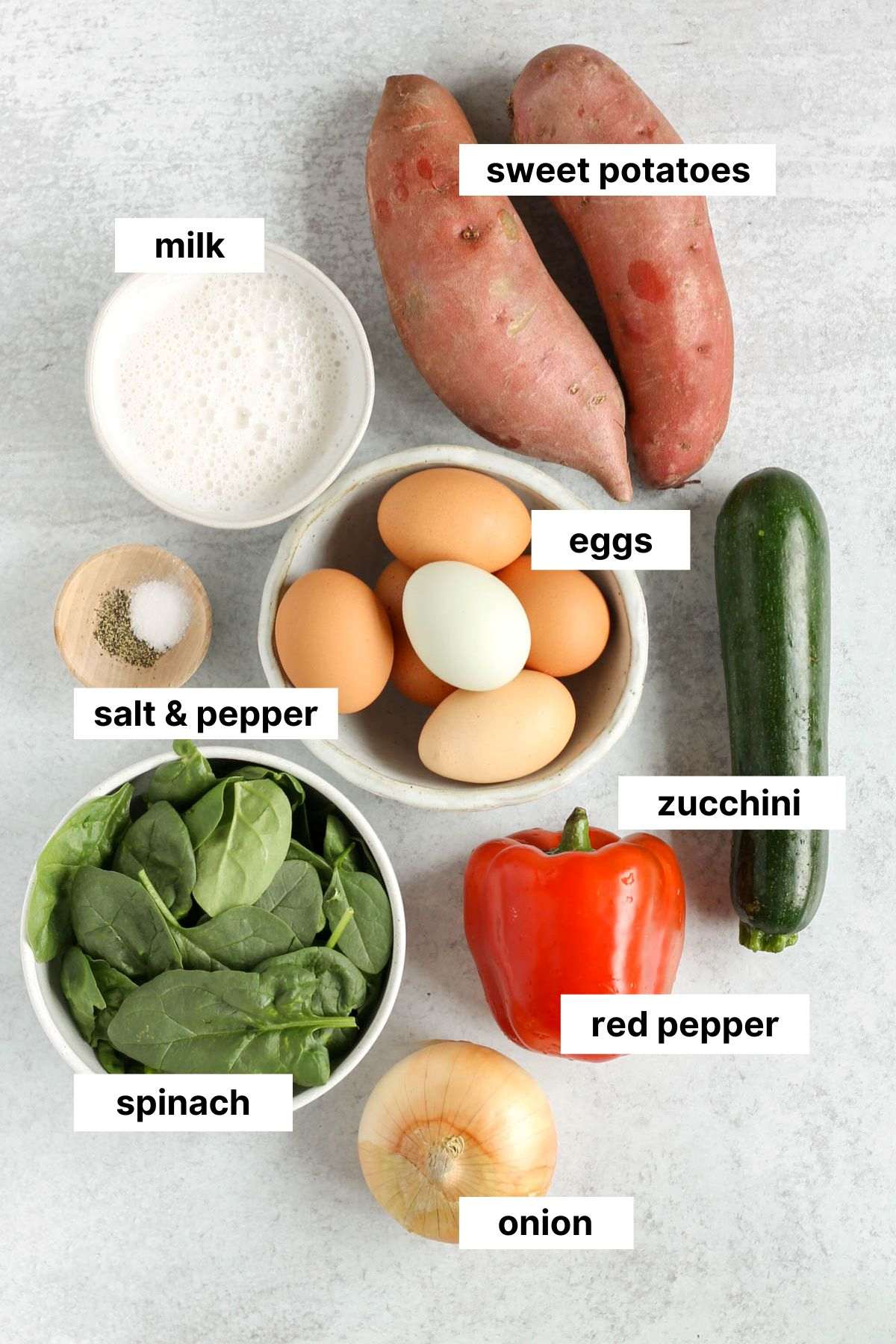 Labeled ingredients for sweet potato crust quiche.
