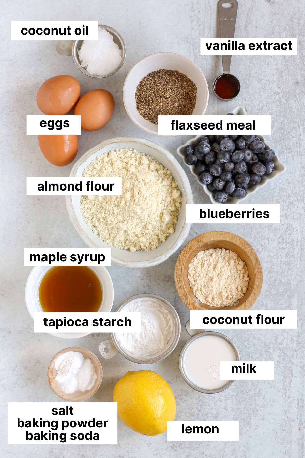 Labeled ingredients for blueberry lemon almond flour bread.