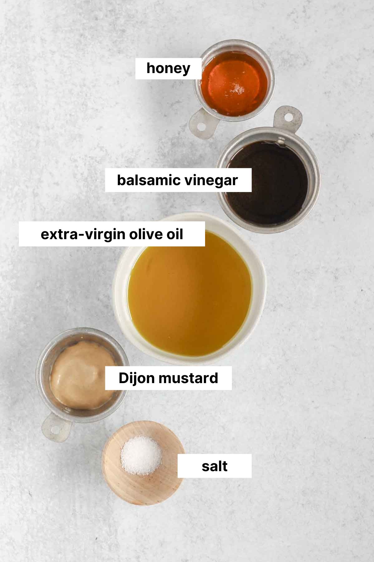 Labeled ingredients for balsamic vinaigrette dressing.