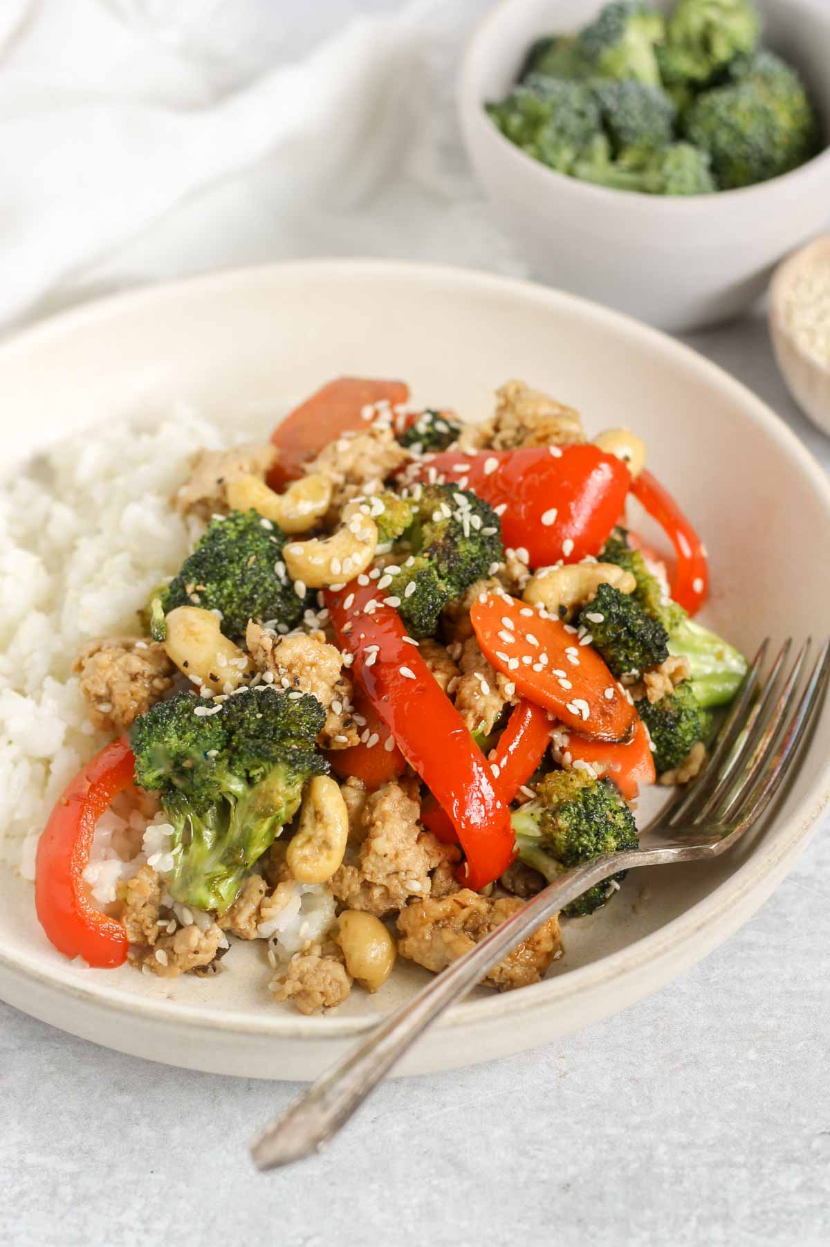 Ground chicken stir fry with veggies and a side of rice in a singe serve shallow bowl with a vintage fork with a bowl of broccoli in the background.