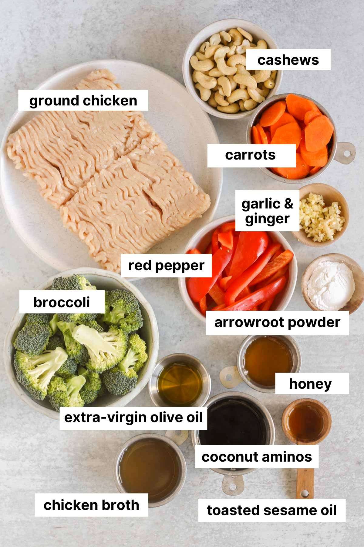 Labeled ingredients for ground chicken stir fry.