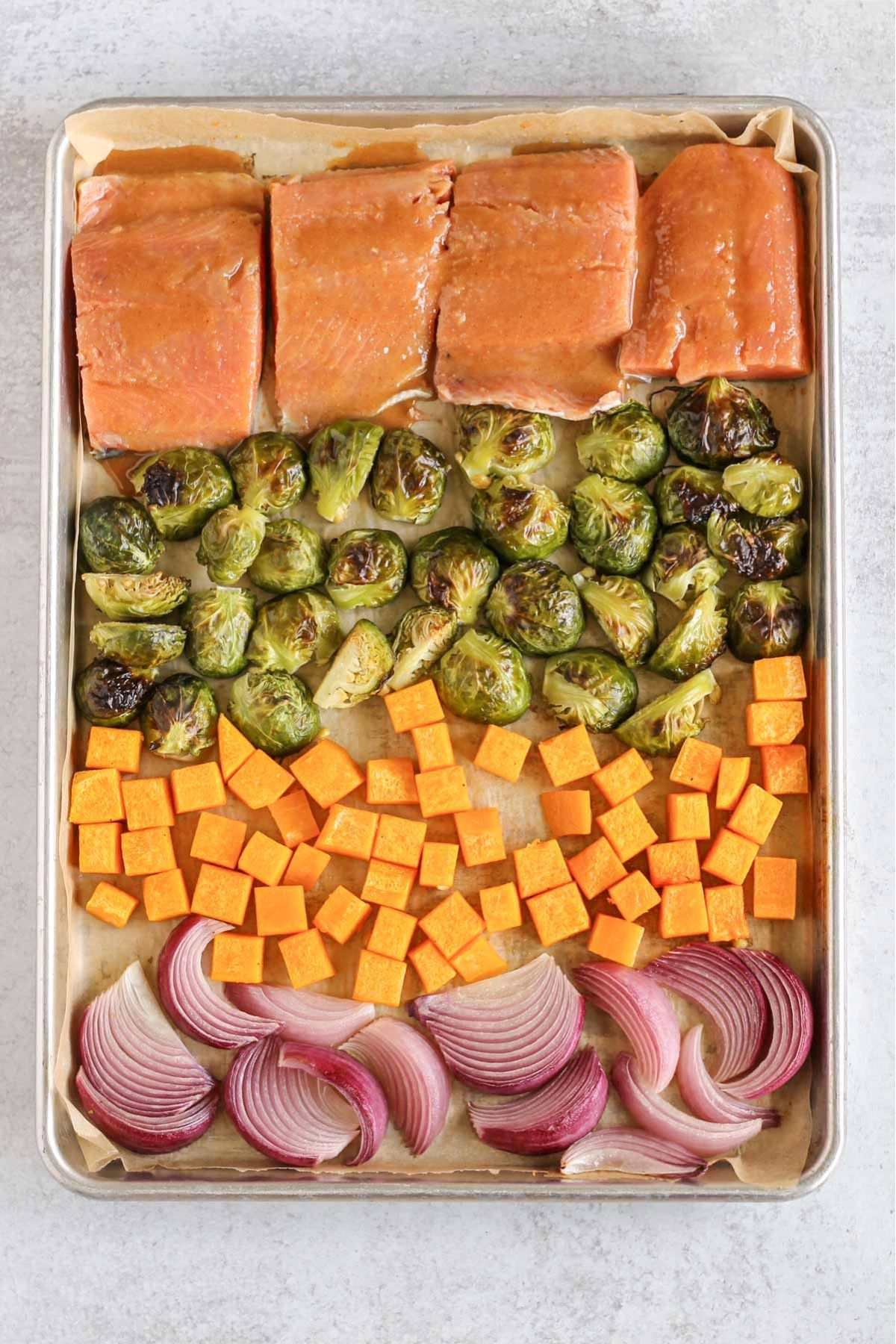Baking sheet with with raw salmon fillets brushed with maple dressing, Brussels sprouts, sweet potatoes, and sliced red onions.