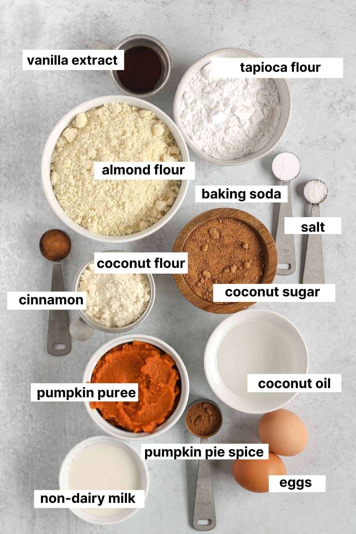 Labeled ingredients needed for almond flour pumpkin muffins.