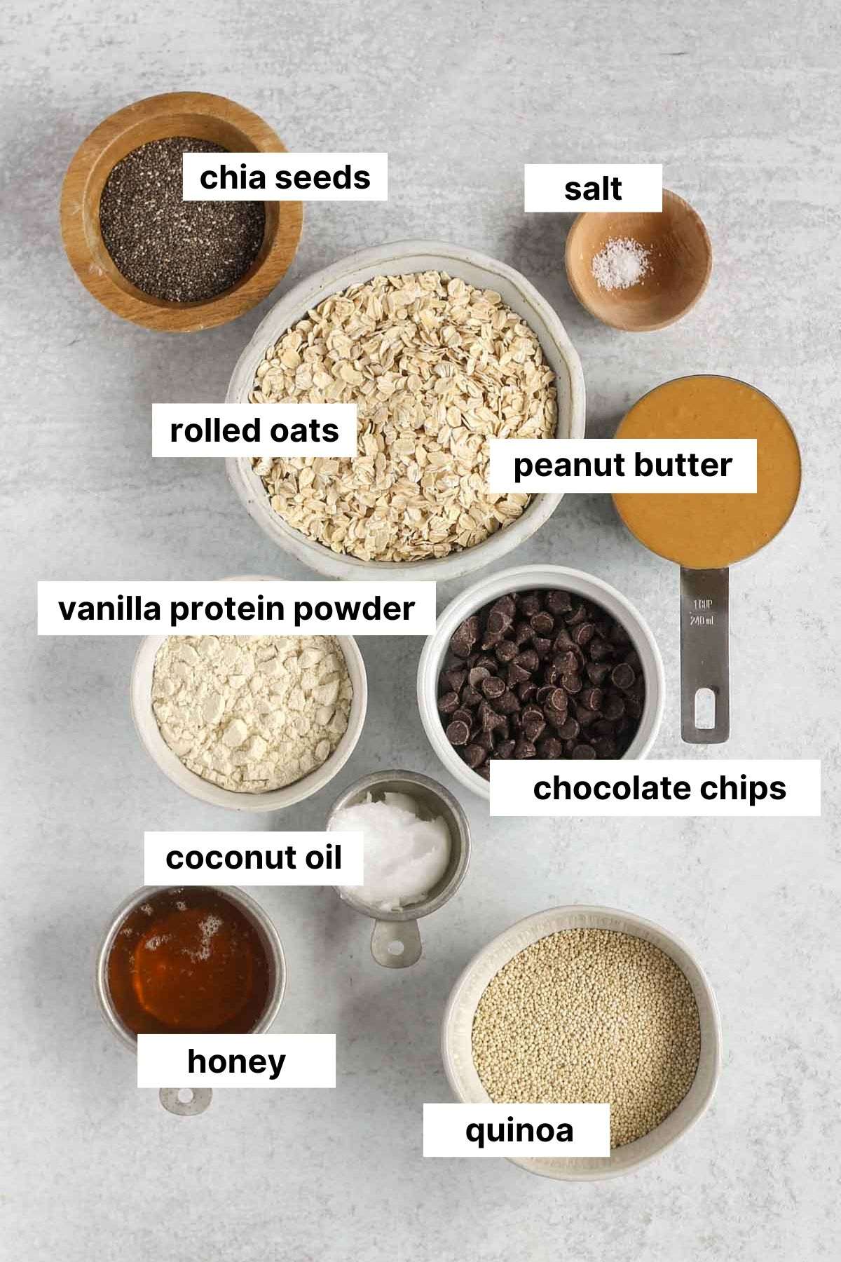 Labeled ingredients needed for no-bake protein granola bars.