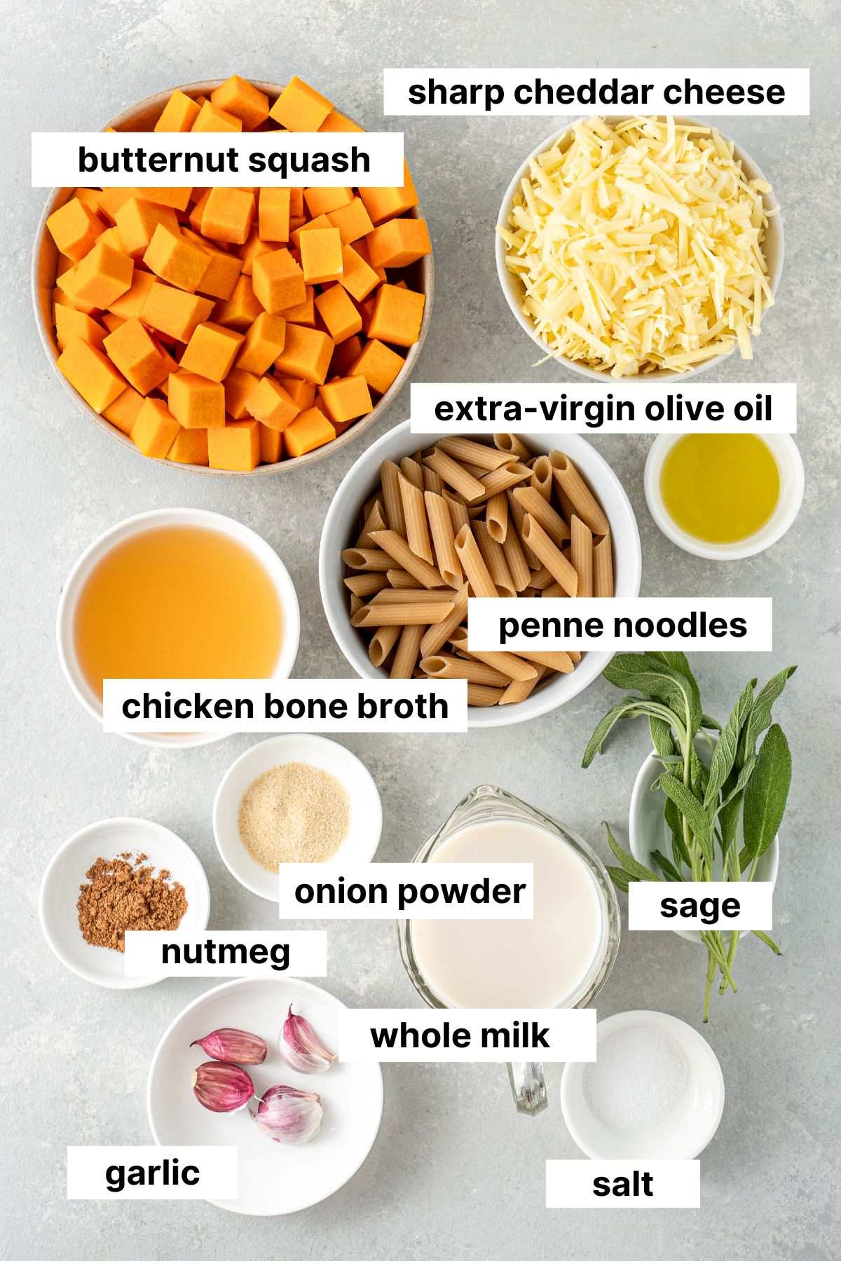 Labeled ingredients for butternut squash mac and cheese.