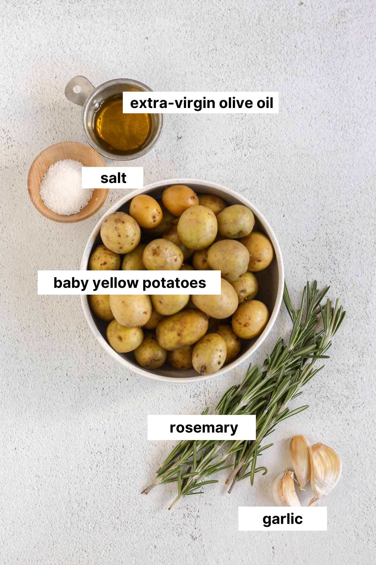 Labeled ingredients for garlic rosemary baby potatoes.