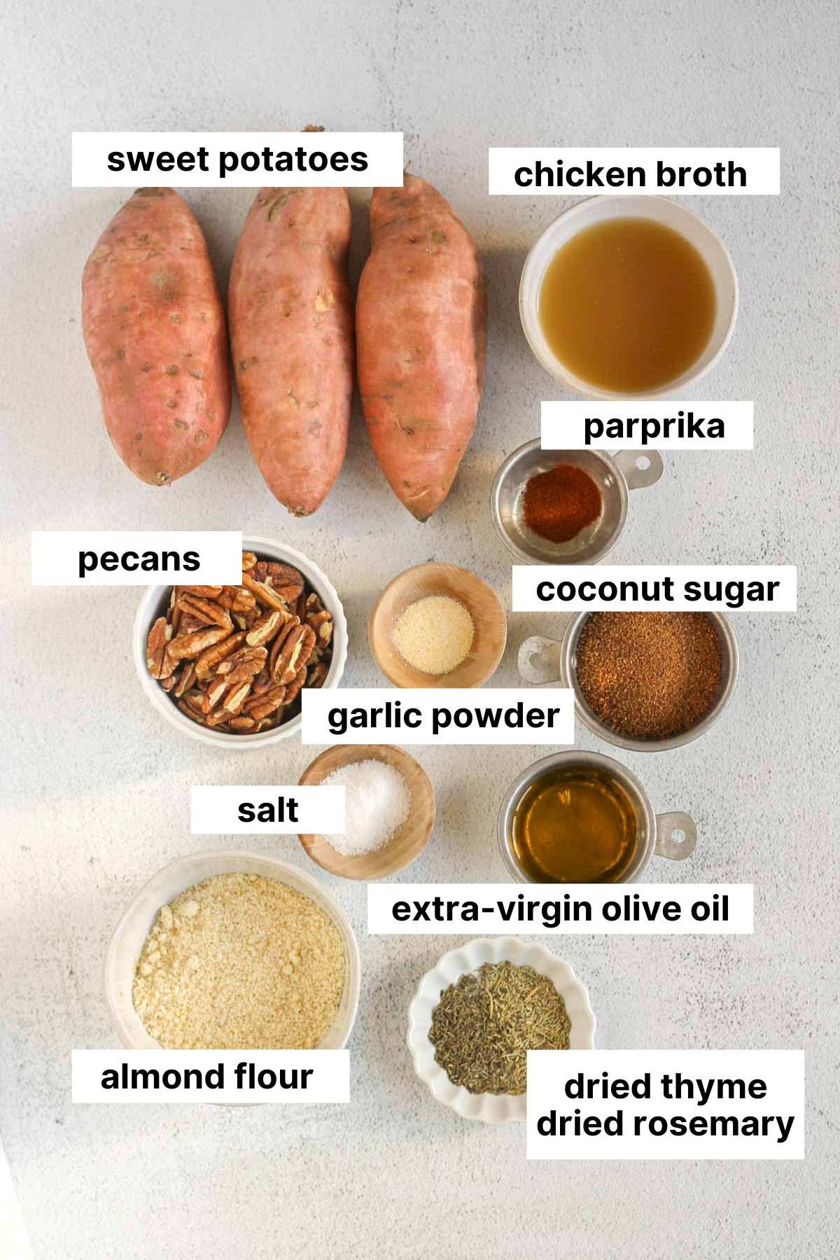 Labeled ingredients for savory sweet potato casserole.