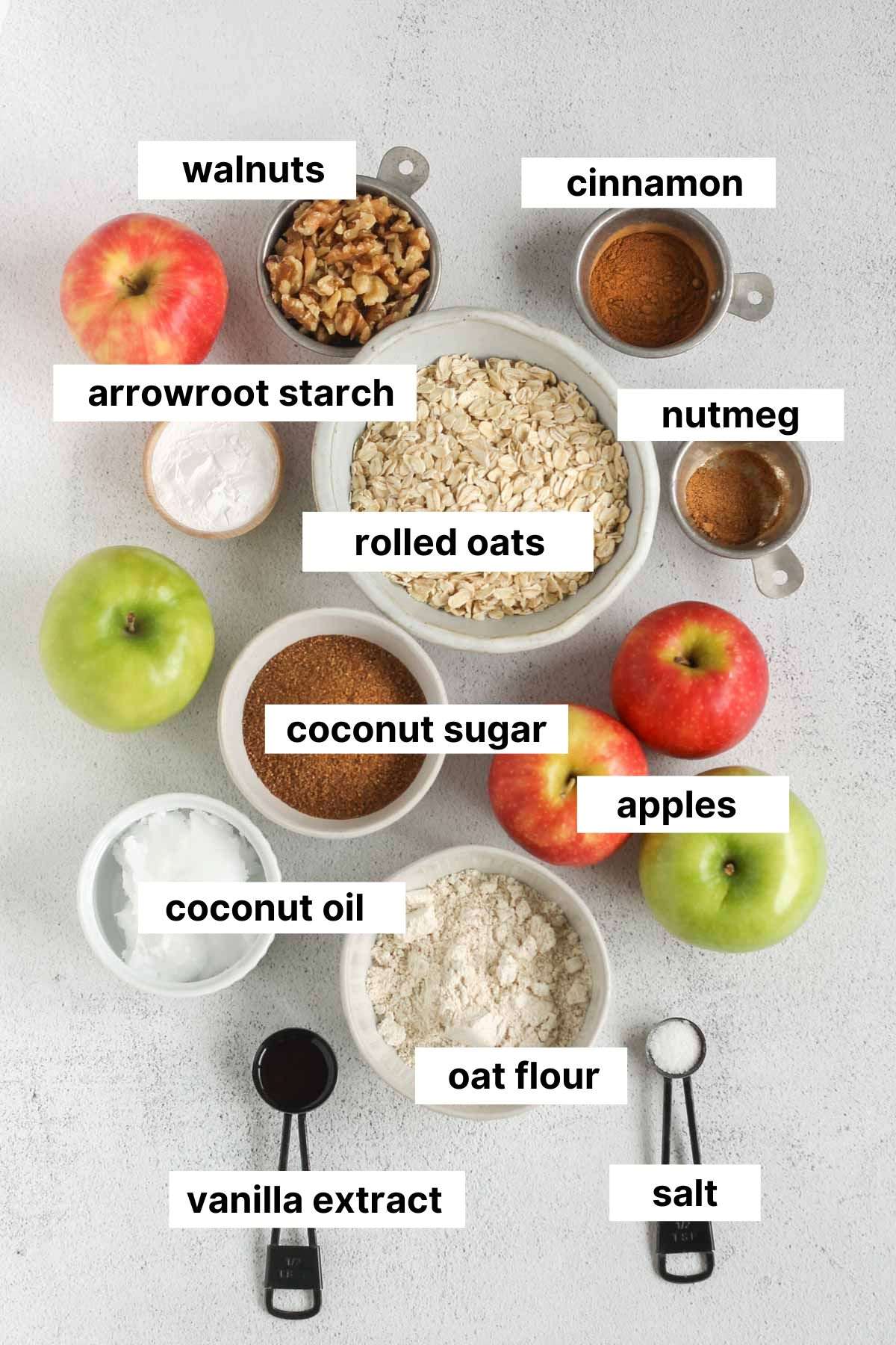 Labeled ingredients for healthy apple crisp.