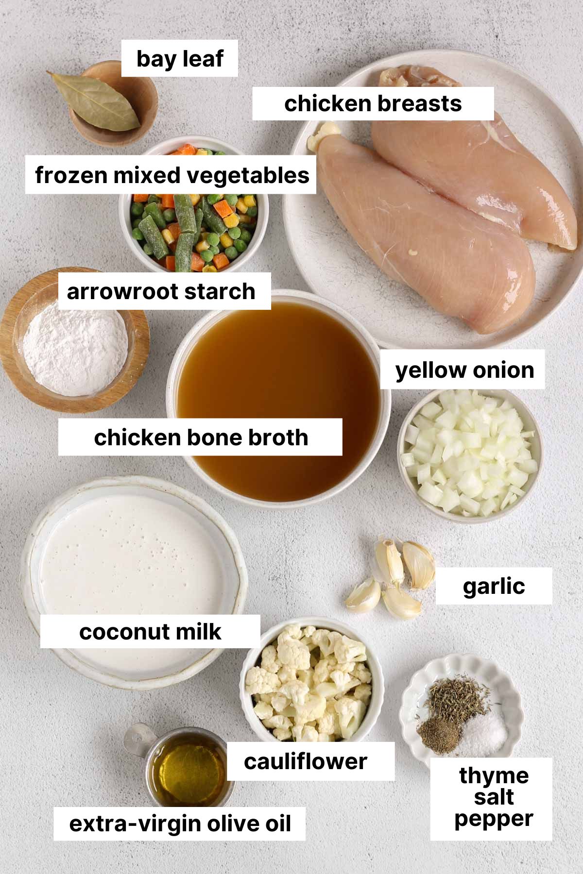 Labeled ingredients for dairy-free chicken pot pie soup.