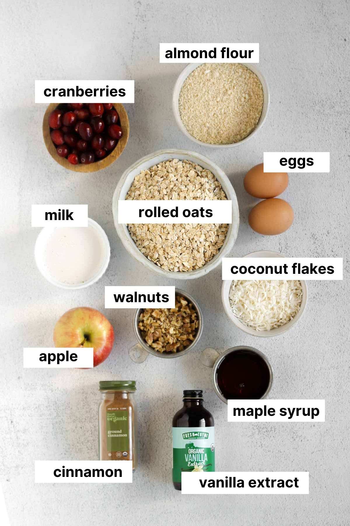 Labeled ingredients for cranberry apple breakfast cookies.