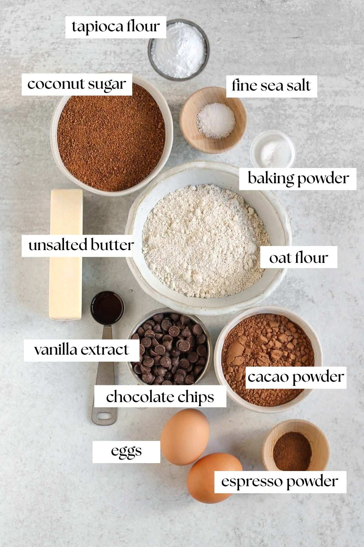 Labeled ingredients for oat flour brownies.