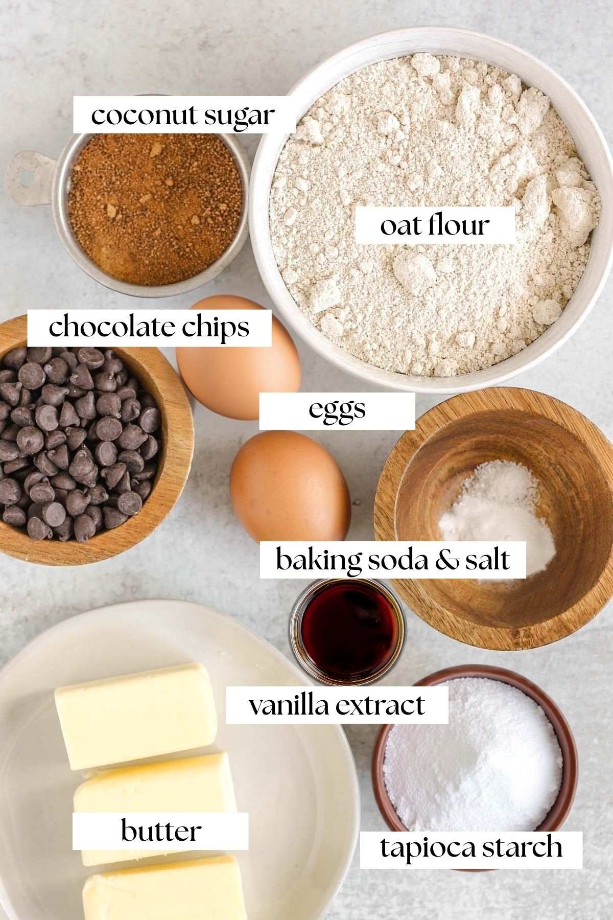 Labeled ingredients for oat flour chocolate chip cookies.