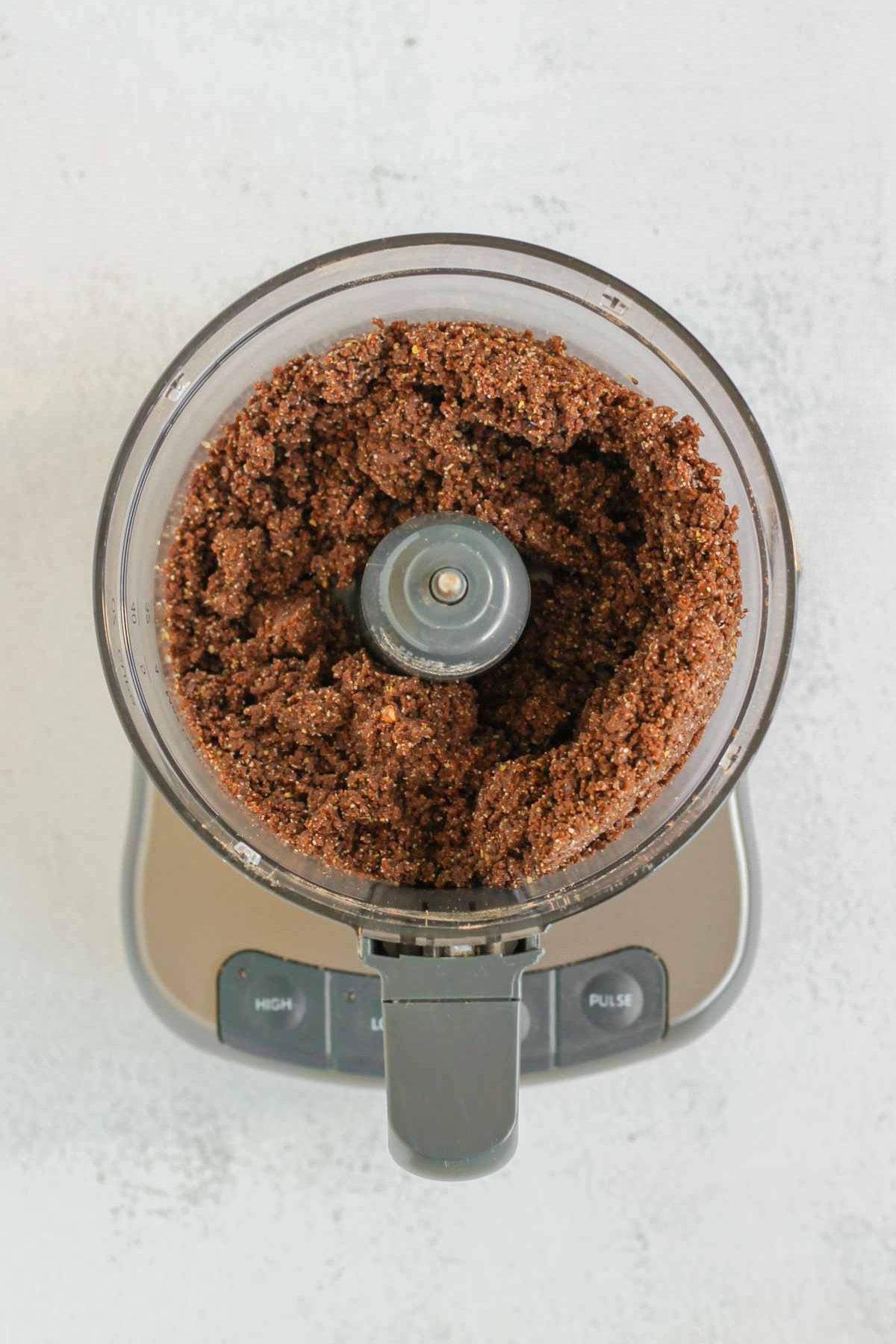Protein brownie bite "dough" mixed in a food processor.