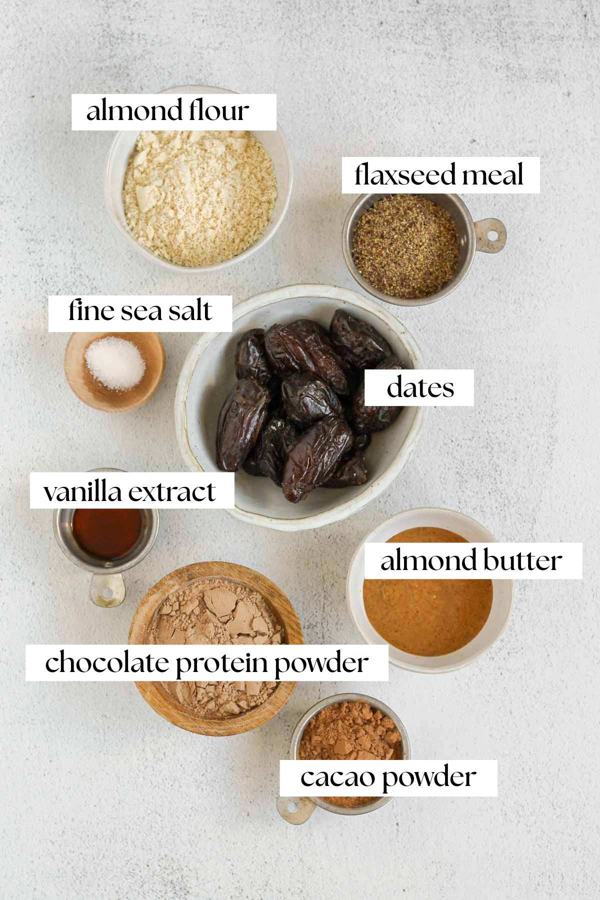 Labeled ingredients for protein brownie bites.