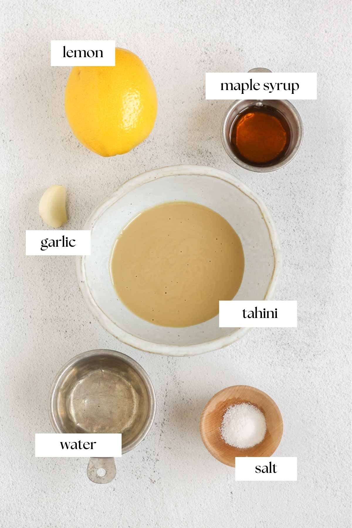 Labeled ingredients for maple tahini dressing.