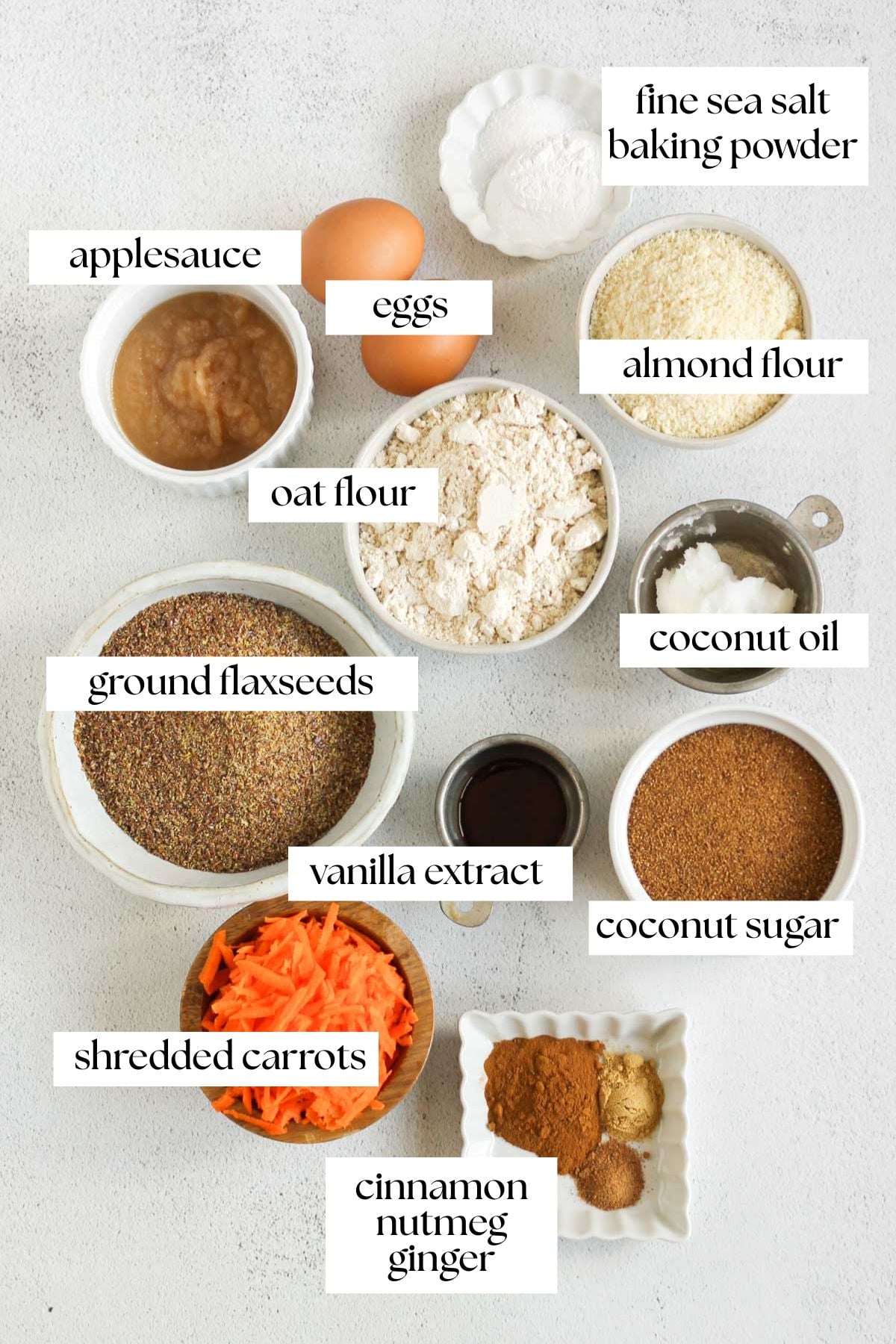 Labeled ingredients for carrot flaxseed muffins.