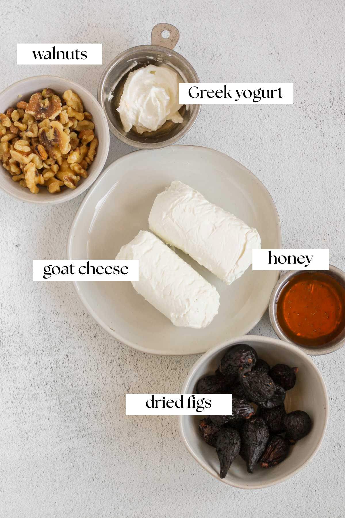 Labeled ingredients for whipped goat cheese dip.