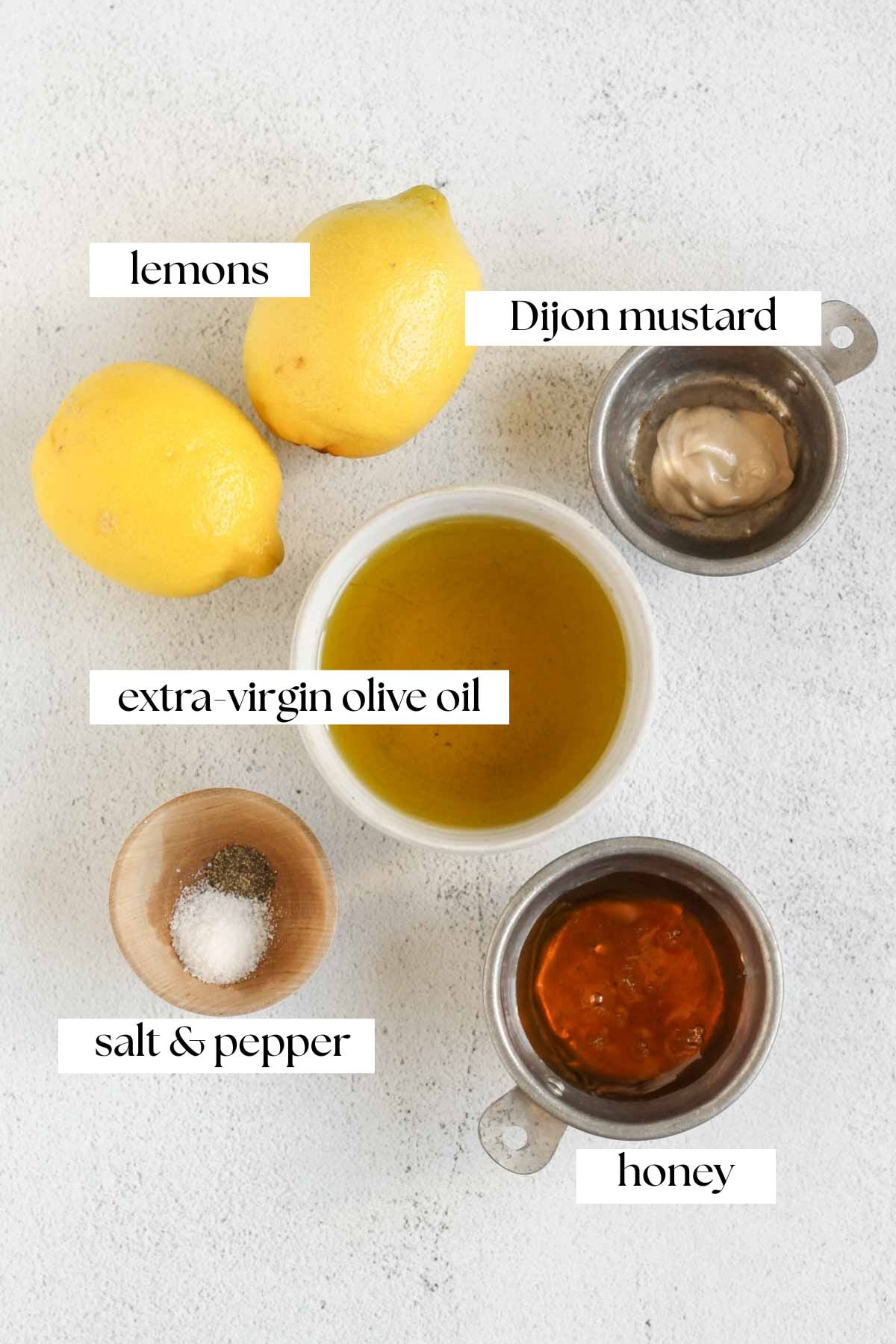 Labeled ingredients for lemon honey dressing.