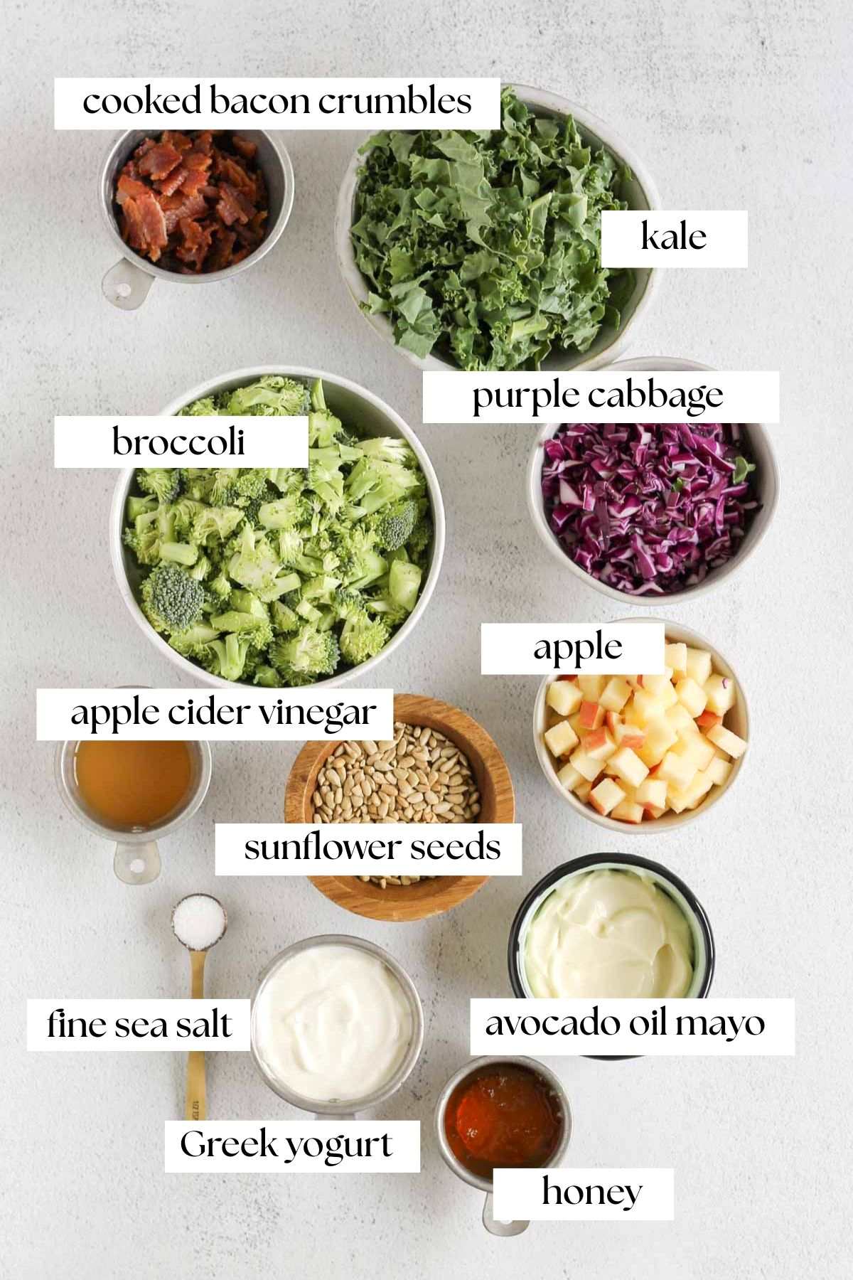 Labeled ingredients for healthy broccoli salad.