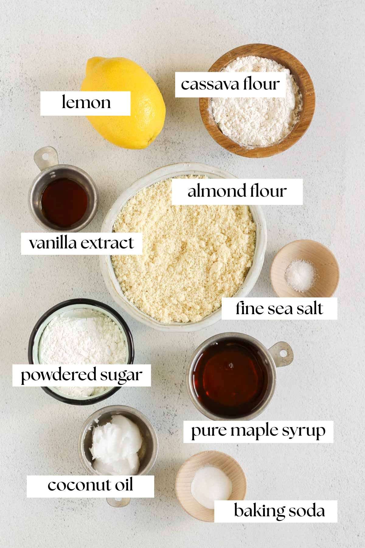 Labeled ingredients for almond flour lemon cookies.