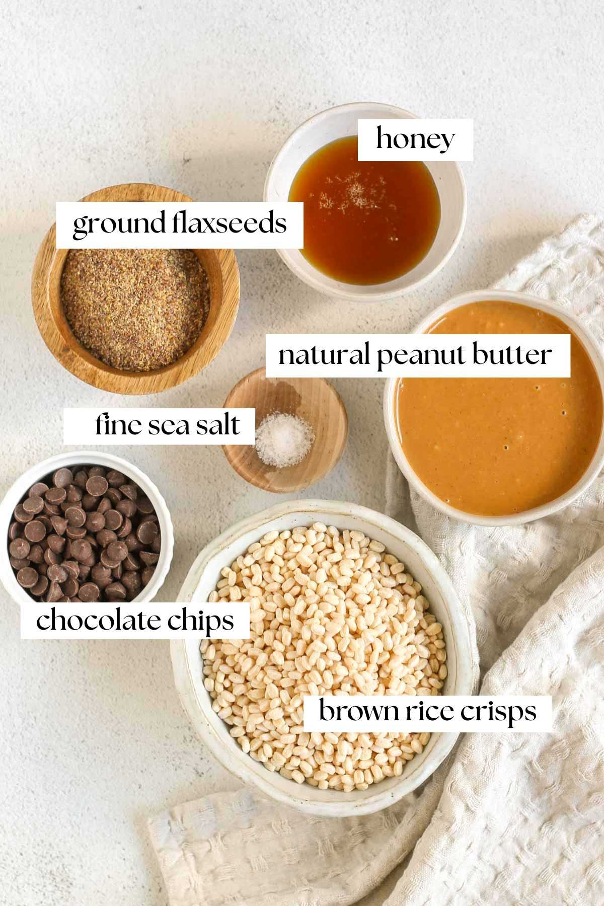 Labeled ingredients for peanut butter crispy snack bites.