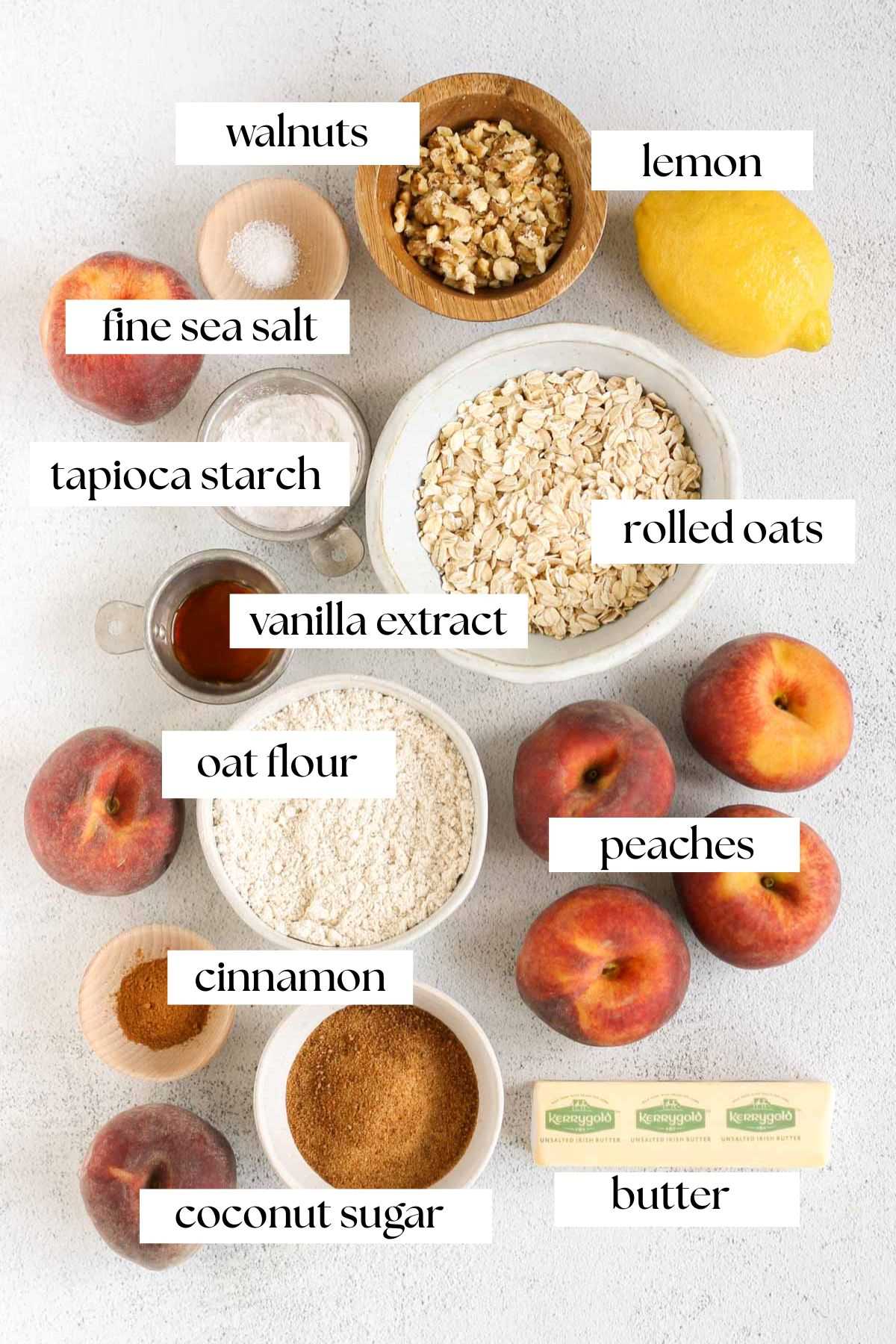 Labeled ingredients for a healthy peach crisp.