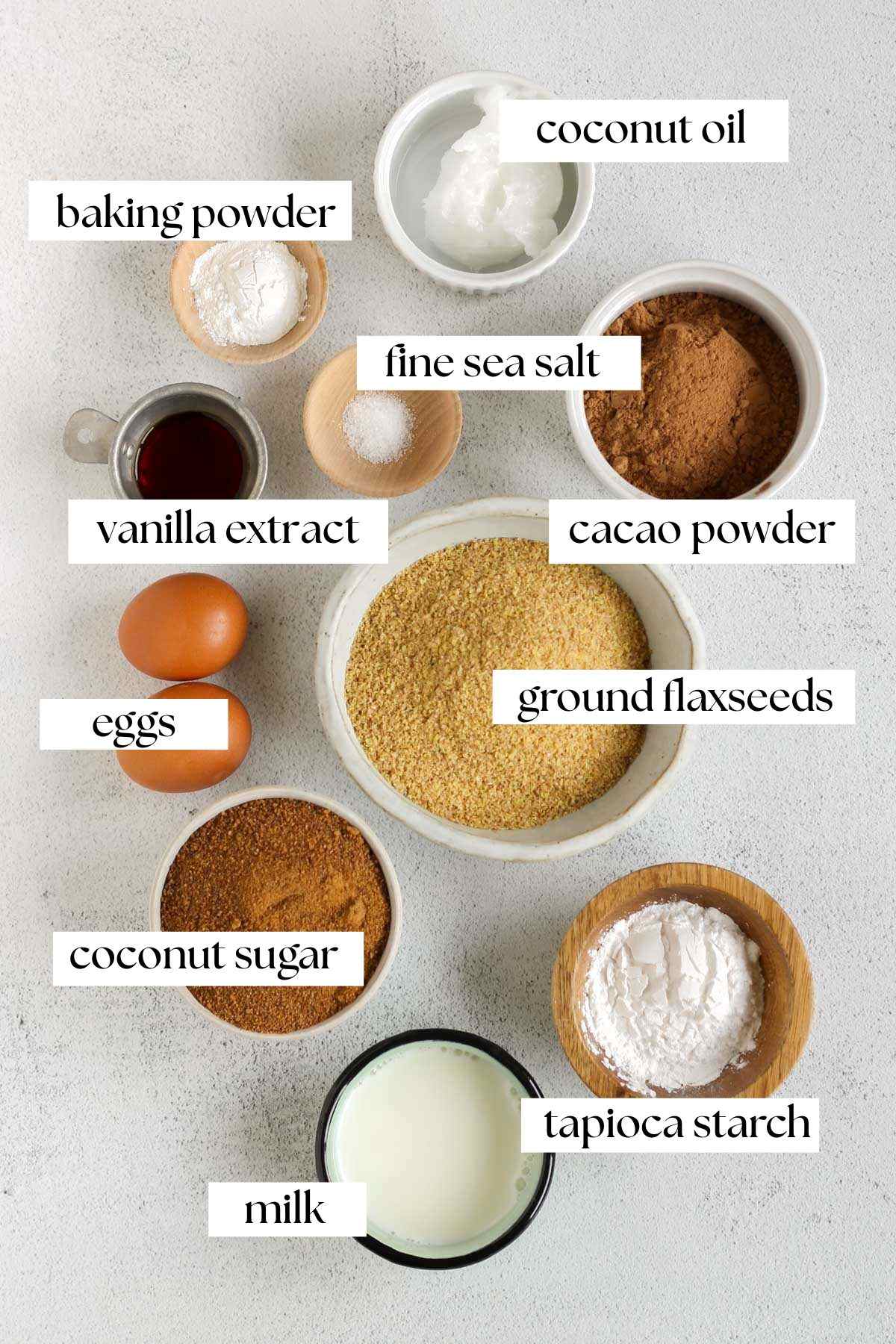 Labeled ingredients for chocolate flaxseed muffins.