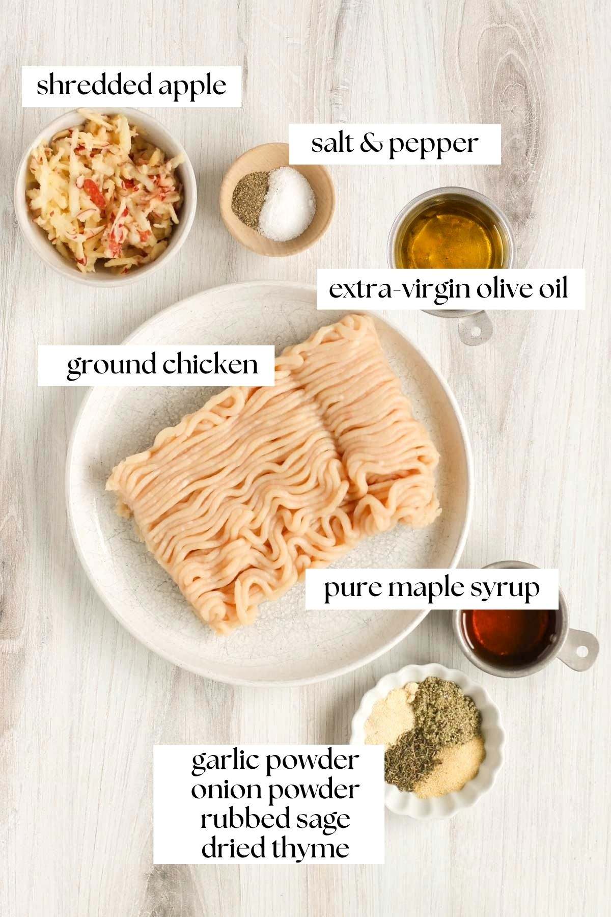 Labeled ingredients for chicken maple apple breakfast sausage.