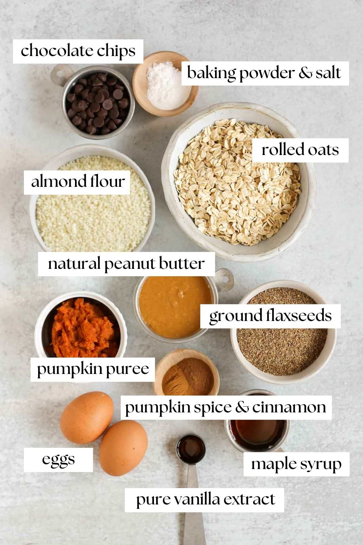 Labeled ingredients for pumpkin oat breakfast cookies.