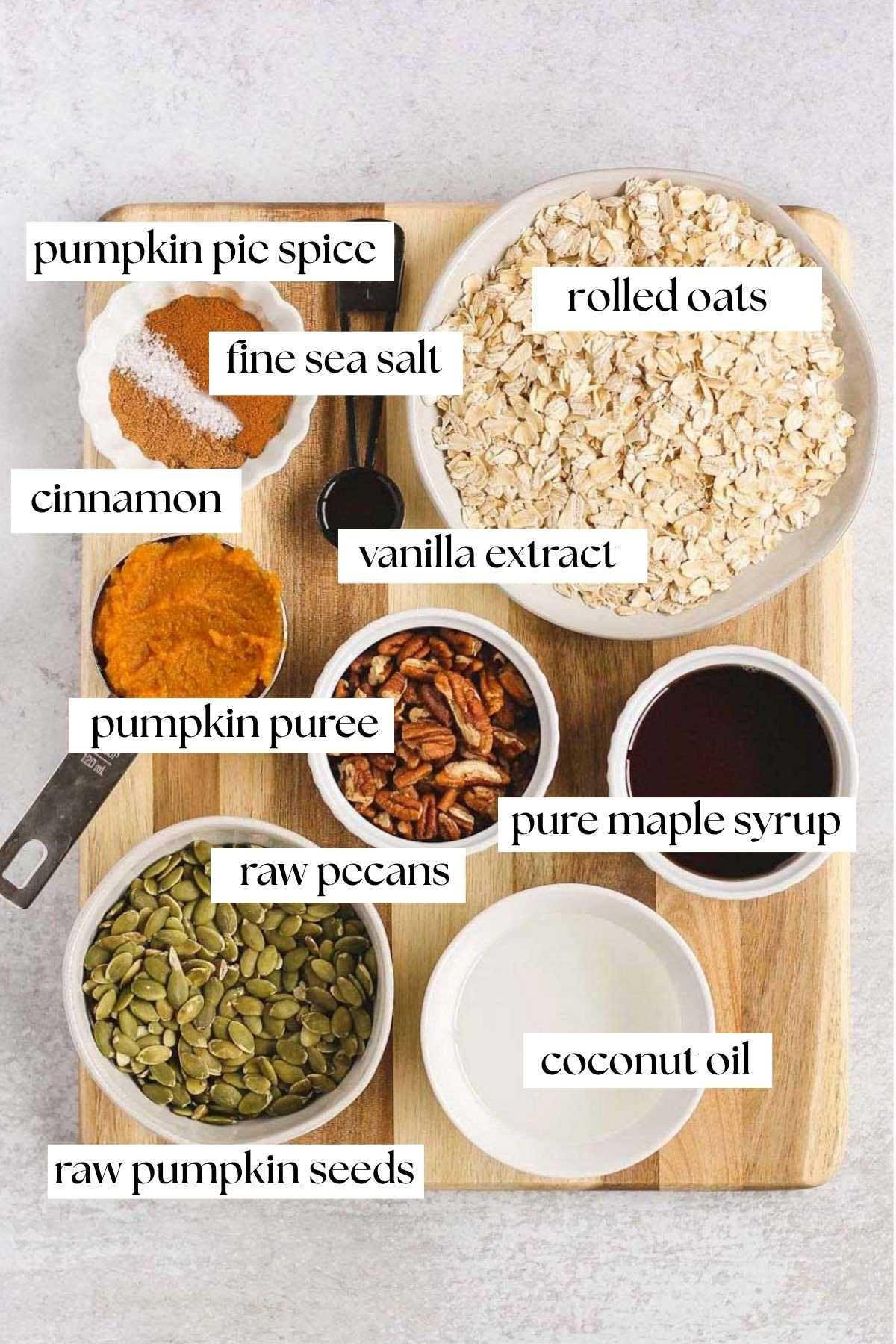 Labeled ingredients for pumpkin granola.