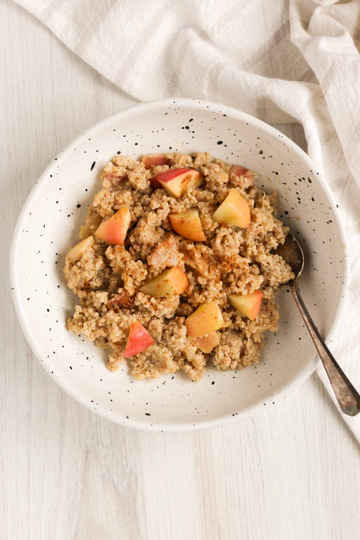 Cooked quinoa topped with apples and cinnamon in a small shallow bowl with a spoon in the bowl.