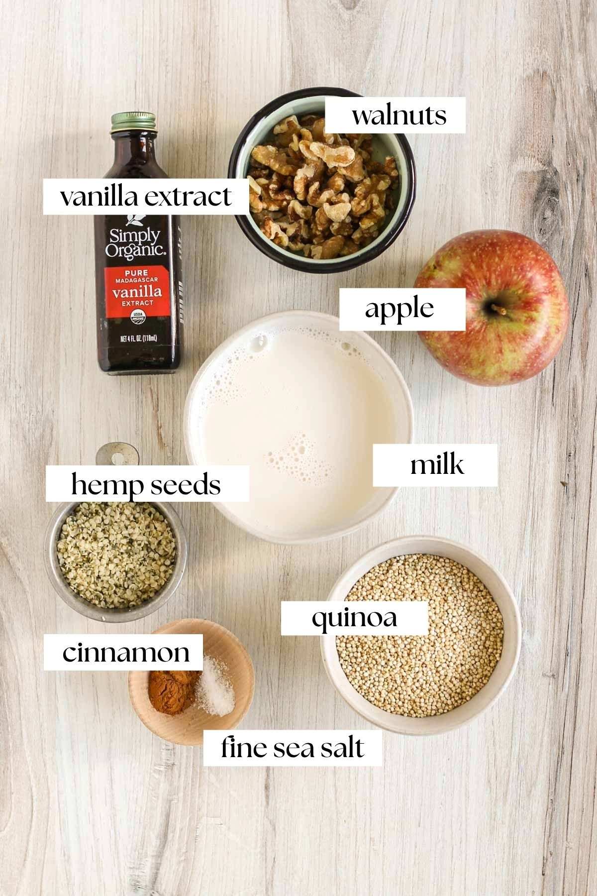 Labeled ingredients for apple cinnamon quinoa.