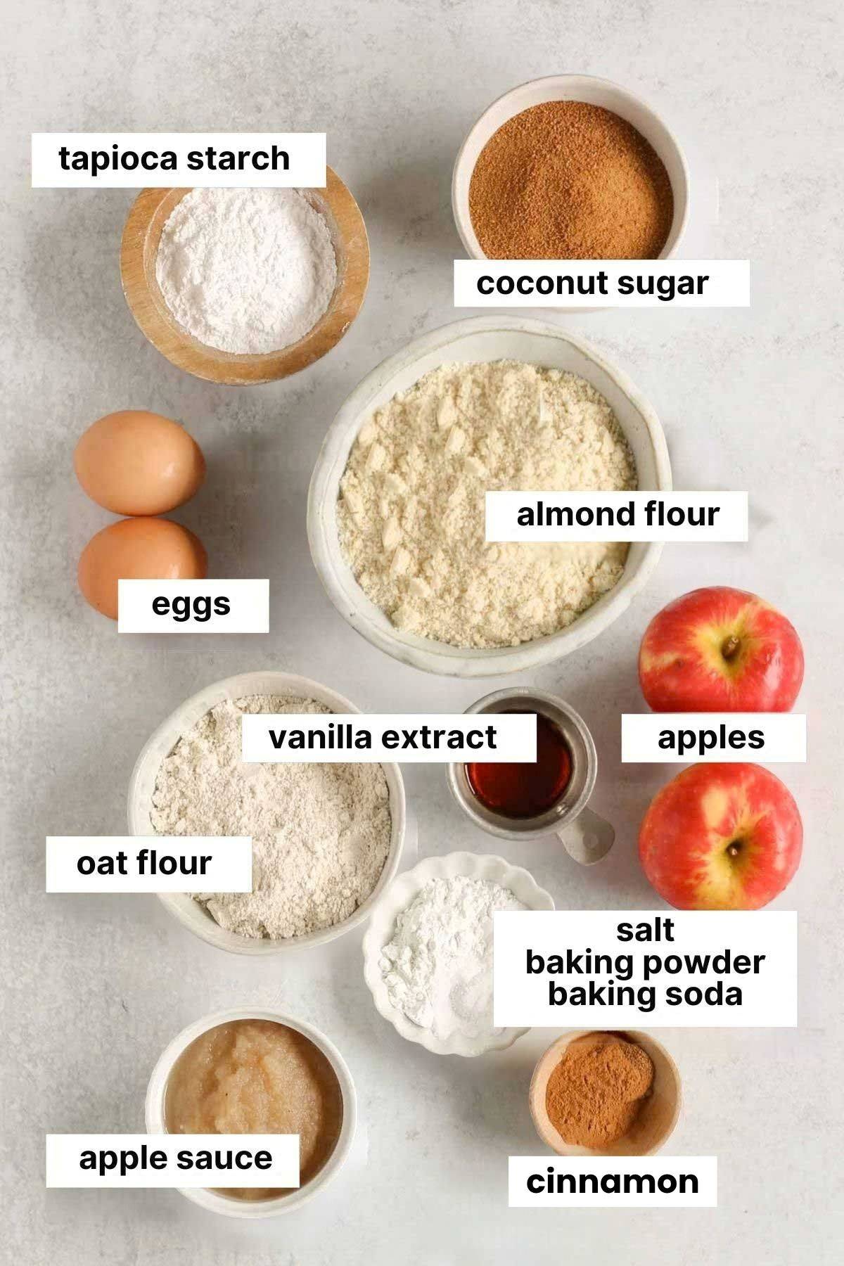 Labeled ingredients for healthy apple bread with almond flour and oat flour.