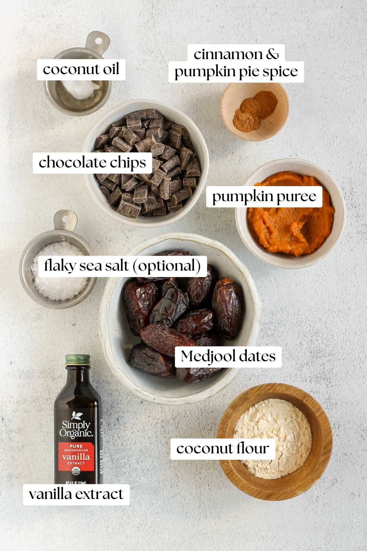 Labeled ingredients for pumpkin pie truffles.