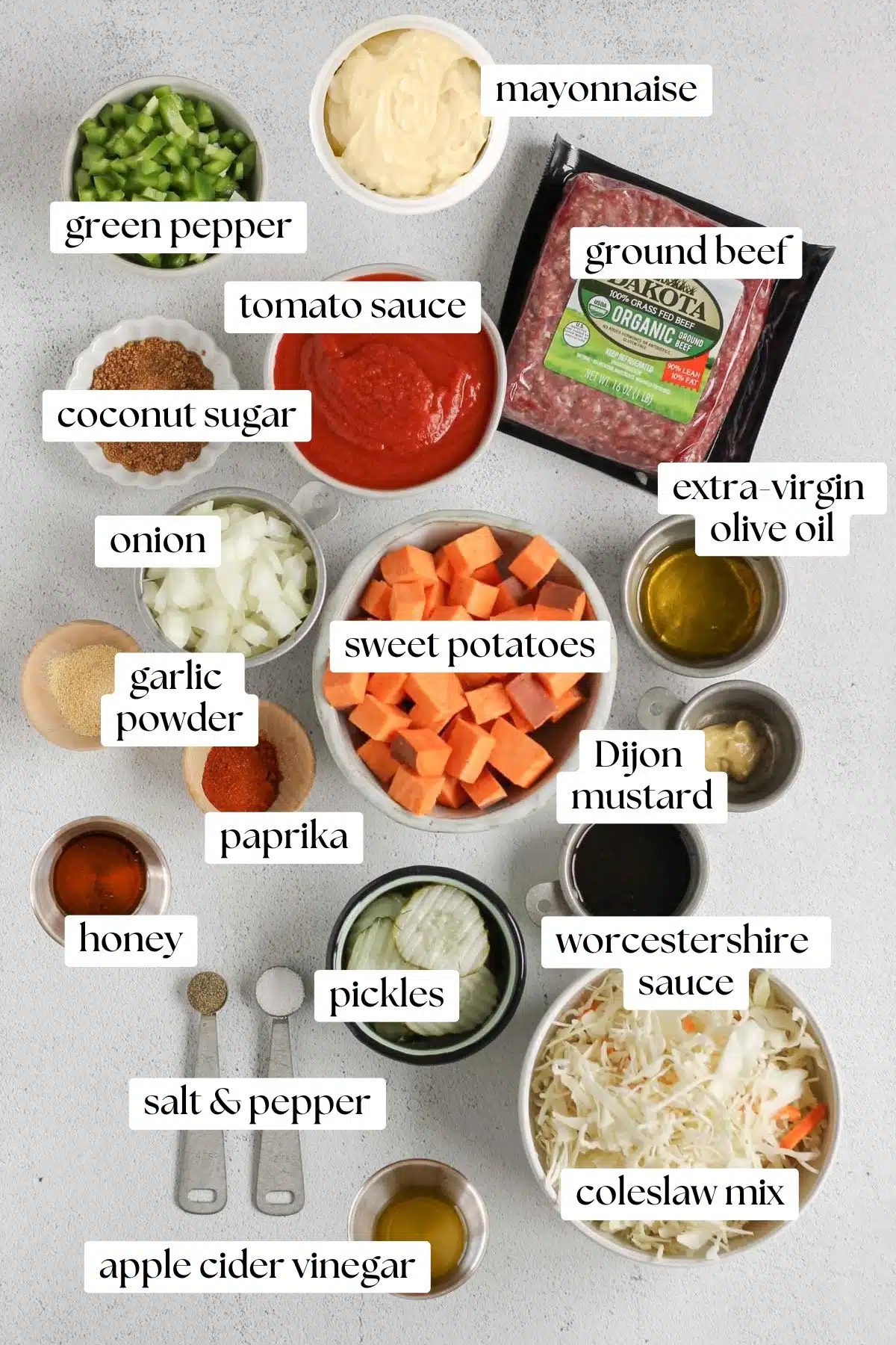 Labeled ingredients for sloppy Joe bowls.